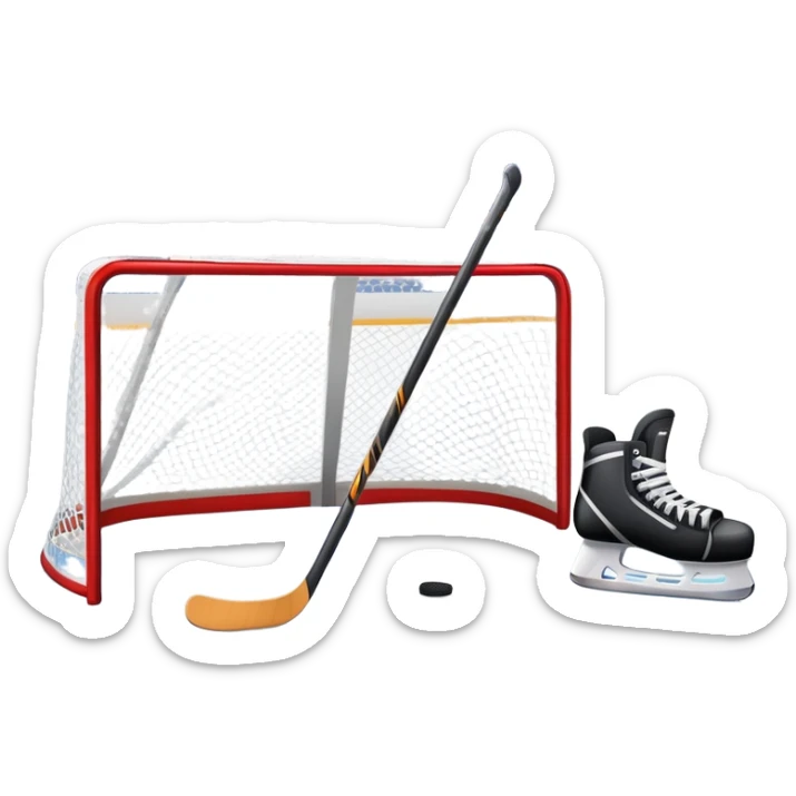 An icon showing a close-up of a hockey stick, puck, skates, and hockey net placed on the ice. The background features a packed stadium with bright lights, cheering fans, and snowy scenery outside. Transparent background highlights the key elements of the game. sticker