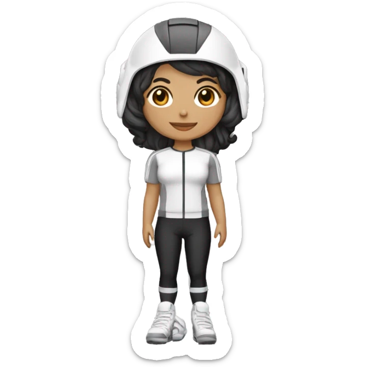 Profesora de cilcismo de piel morena clara de contextura delgada estatura alta con zapatillas de ruta blancas licras negras y maillot blanco casco blanco sticker