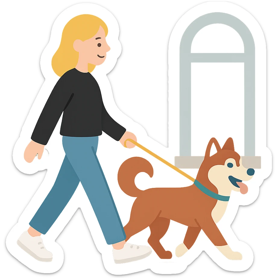 Cute Blonde woman wearing a black sweater and jeans and white sneakers walking a happy red-brown blue-eyed Siberian husky in New York City on an upper east side city sidewalk  sticker