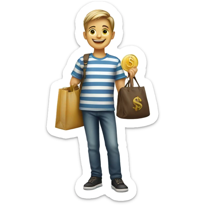 smiling boy in striped shirt holding a bag with a money symbol sticker