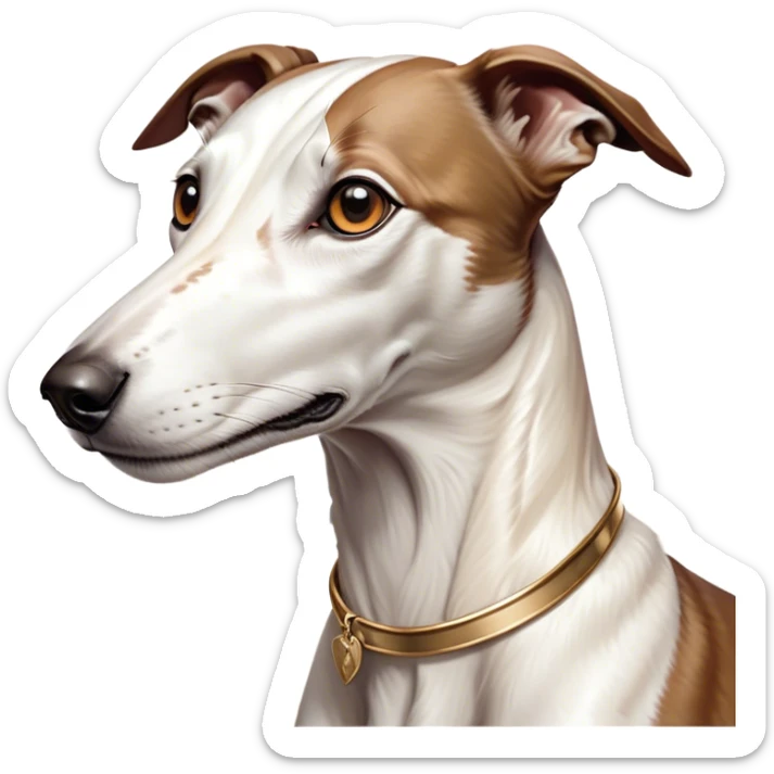 Cinematic Noble White and Brown Greyhound Portrait Emoji, Poised and regal, with a slender, aerodynamic build and a sleek Fur of pristine white accented by warm brown markings, deep-set soulful eyes, Simplified yet sharp and sophisticated features, highly detailed, glowing with a soft, dignified glow, high shine, intelligent and agile, stylized with an air of elegance, focused and attentive, soft glowing outline, capturing the essence of a watchful and swift companion, so majestic it feels as though it could dash out of the screen with effortless authority! sticker