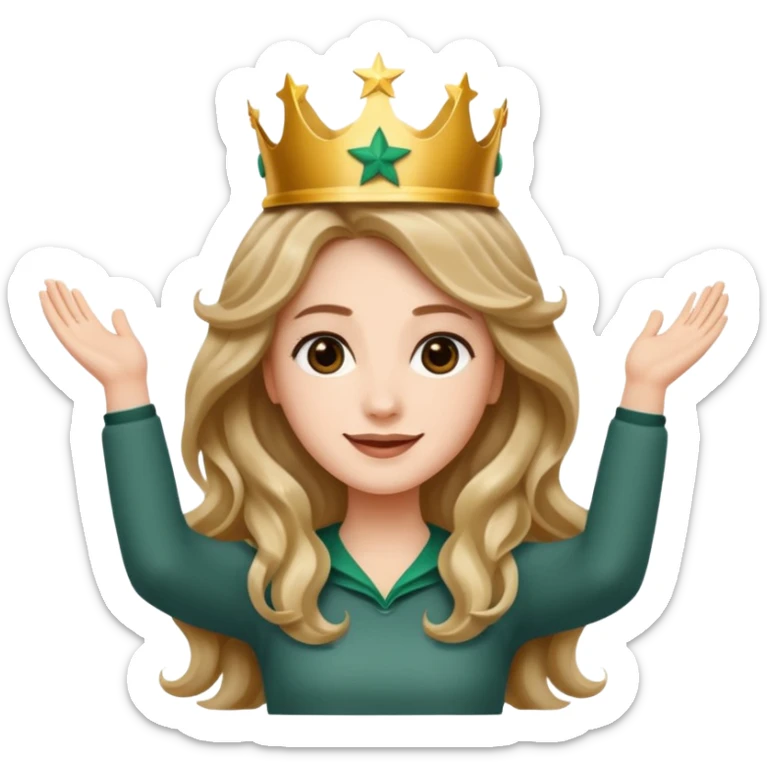 Apple style 3D emoji of a young woman inspired by the Starbucks logo. She has long wavy hair on both sides, a crown with a star on her head, arms raised upward like in the Starbucks logo, with a calm smile. Smooth, shiny, simple emoji look. sticker