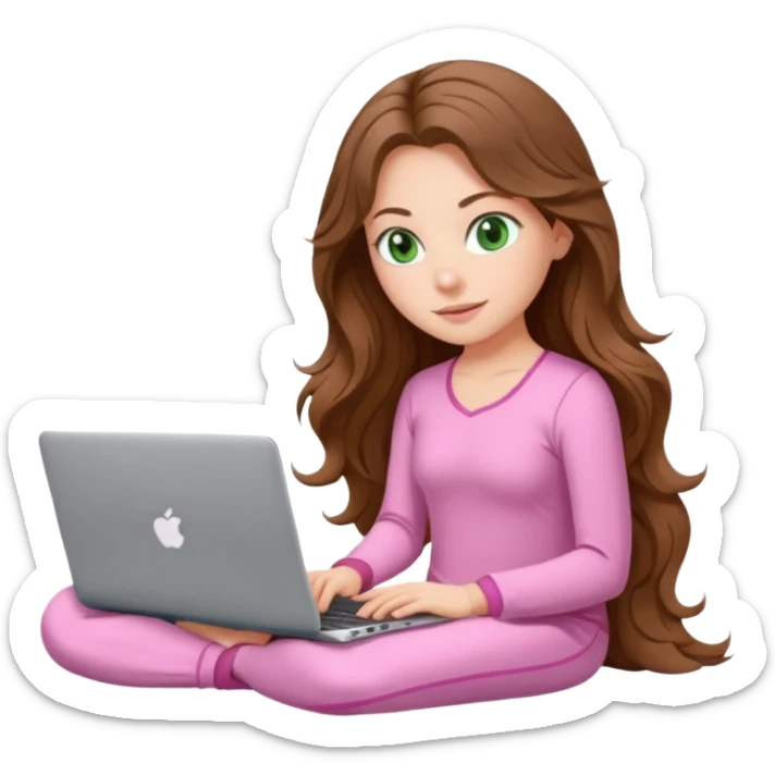make a picture in ios 18 style of a white girl with brown long wavy hair and green eyes wearing pink pilates core pajamas and working on a laptop sticker