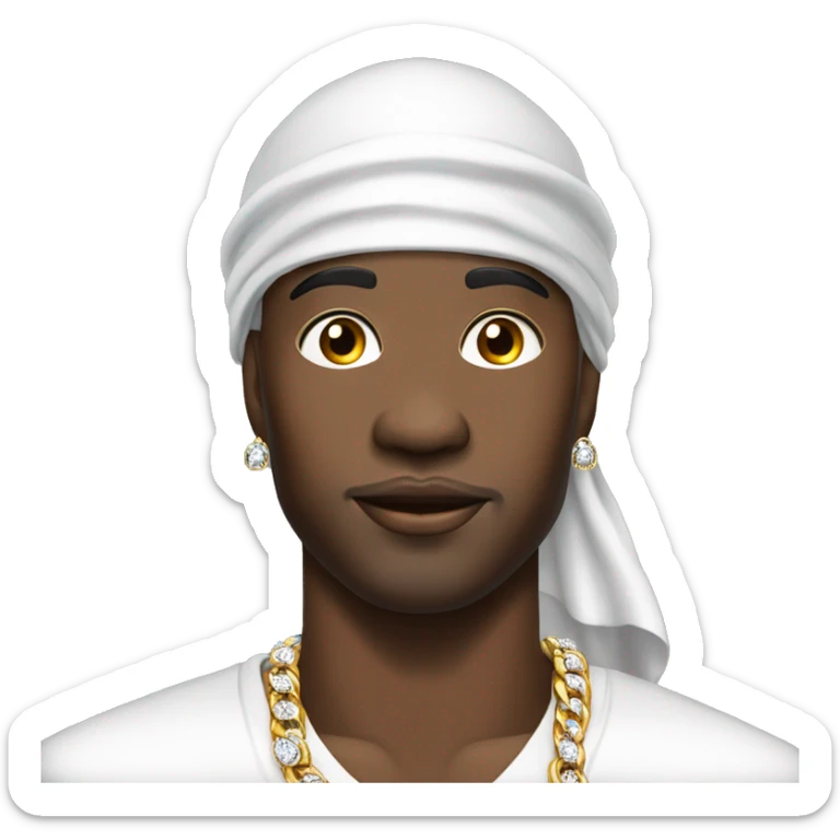 a black rich man wearing a white durag, white shirt, diamond earrings and diamond chain sticker