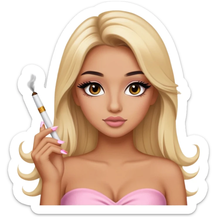 blonde long hair gorgeous girl with latina makeup holding a cigarette winged eyeliner big lashes light pink tube top sticker