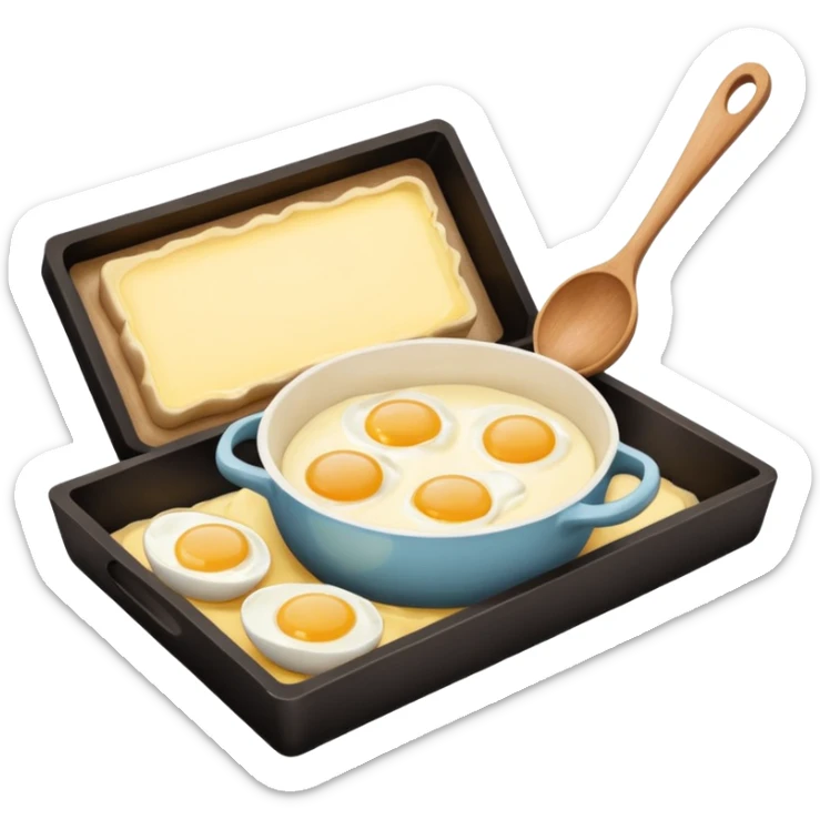 A carton of eggs, butter and a cream ceramic baking bowl with a wooden spoon in it sticker