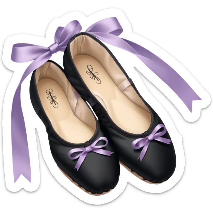 cinematic-realistic-ballet-shoes,-soft-satin-black-pointe-shoes-with-delicate-ribbons,-resting-gently-on-a-polished-wooden-floor,-subtle-creases-in-the-fabric,-glowing-under-the-warm-golden-light-of-a-rehearsal-studio,-evoking-ele sticker