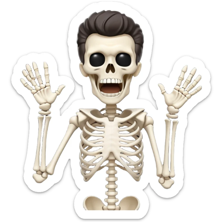 White Skeleton Rick Astley screaming, but he’s losing some of the parts of his face, he still has his clothes on, but is also missing scraps of that too, and the background is pitch black sticker