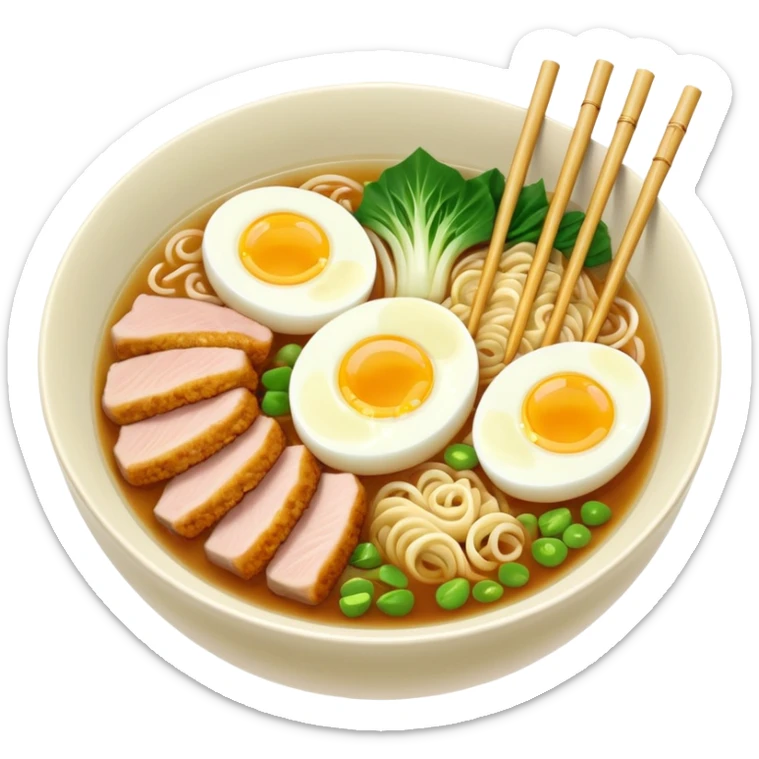 Delicious bowl of ramen noodles with miso soup broth base, bamboo, bok choy, eggs, pork, fish cakes, and green onions sticker