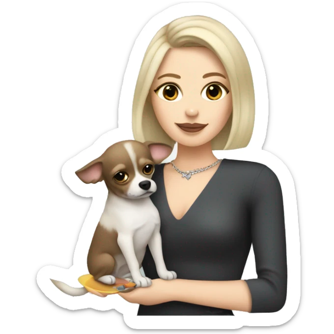White girl with blonde and brown bob holding Grey and dark grey long haired chihuahua drinking a martini sticker