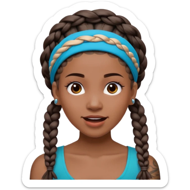 big lose braids starting from the top of the head woman face wiith big visible braids and mono color headband on head excited face and braids as big as headband and lots and lots of face tattoos sticker