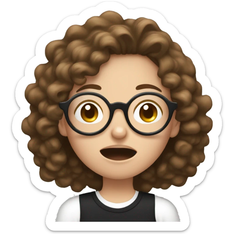 White girl with long brown curly hair and white circle glasses wearing a black shirt sneezing  sticker