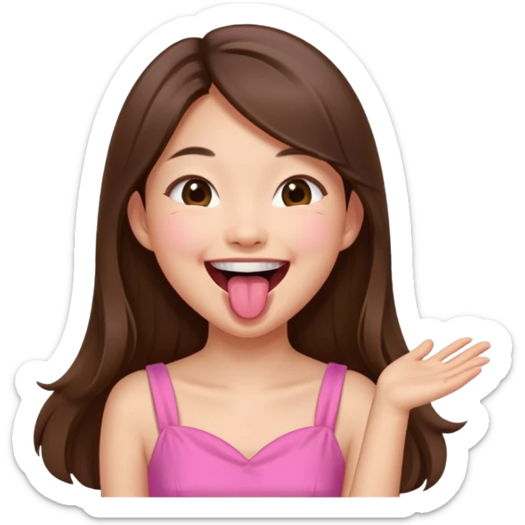 asian girl with long brown hair and fair skin wearing pink dress laughing while sticking tongue out sticker