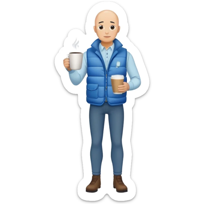 full body bald man wearing long sleeve white shirt with blue puffy winter vest holding a cup of coffee in front of him and nothing in his other hand sticker