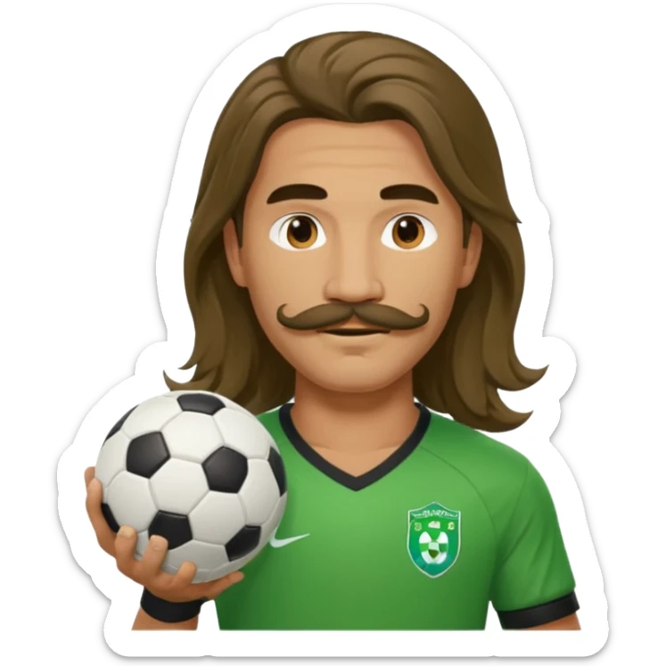 long hair man soccer player green jersey with mustache holding soccer ball sticker