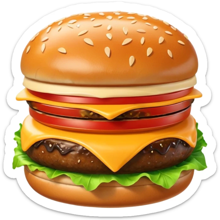 A cute 3D emoji-style burger with glossy finish, shiny bun with sesame seeds, melted cheese, fresh lettuce, smooth cartoon design, soft lighting, clean background, high-quality modern emoji look. sticker