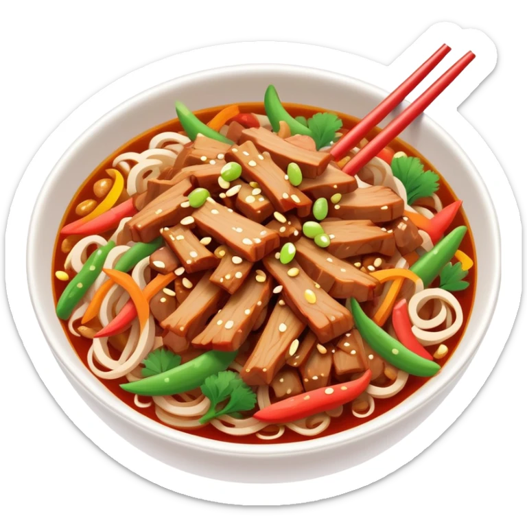 Yuxiang shredded pork Sichuan dish with colorful vegetables, simplified emoji style with bold outlines and bright colors, cartoon style sweet and sour pork strips sticker