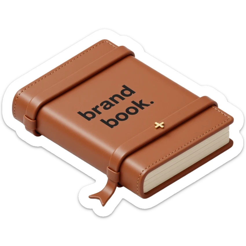 leather-bound notebook with stitching and 'brandbook' in bold written on it, skeuomorphism icon style sticker