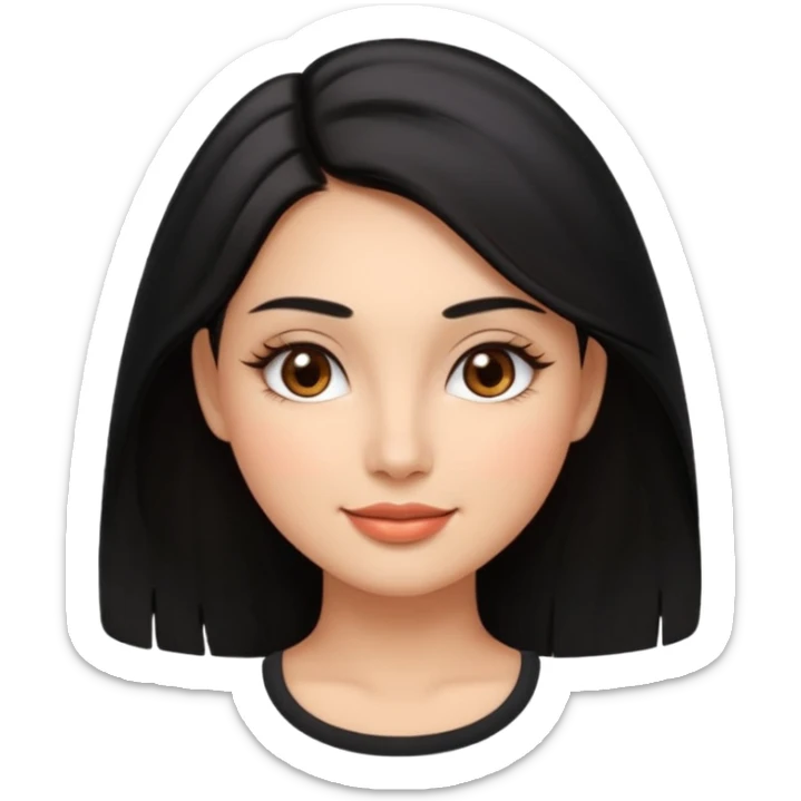 Feminine woman Softly rounded, healthy face — slightly curvy and feminine, not overweight.
Warm tan skin, brown eyes with long lashes, full glossy lips, gentle smile.
Shoulder-length black hair framing the face.
Clean, polished emoji look, soft shading, neutral background. sticker