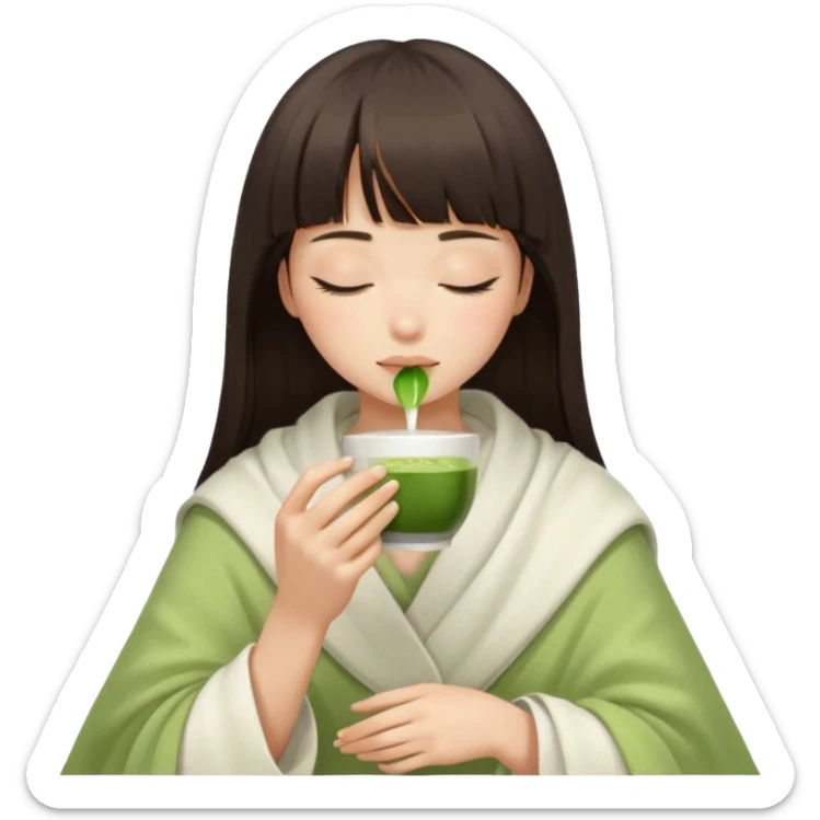 Dark brown hair with straight bang girl inside a white blanket sipping matcha eyes closed sticker