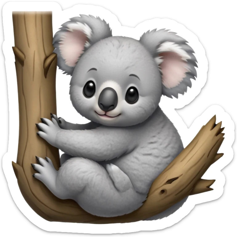 cinematic-koala-realistic-full-body-clinging-emoji,-round-plump-frame-clasped-to-a-gum-tree-branch,-soft-grey-fur-textured-and-fluffy,-oversized-fluffy-ears-twitching-slightly,-dark-expressive-eyes-peering-sleepily,-clawed-paws-gripping-bark-firmly,-simplified-yet-realistic-focused-features,-highly-detailed,-glowing-with-a-gentle-warmth sticker