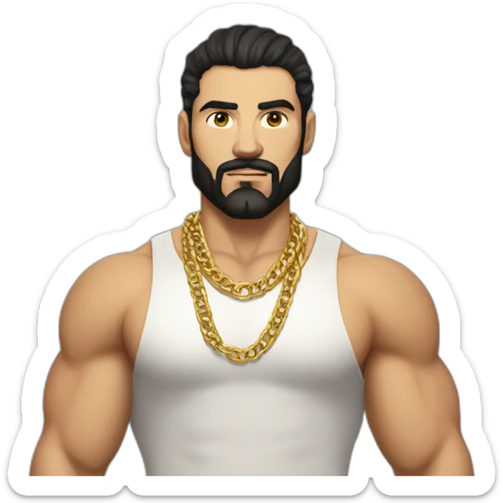 Russian muscular thug man aged 26 wearing gold chain with black hair and short beard sticker