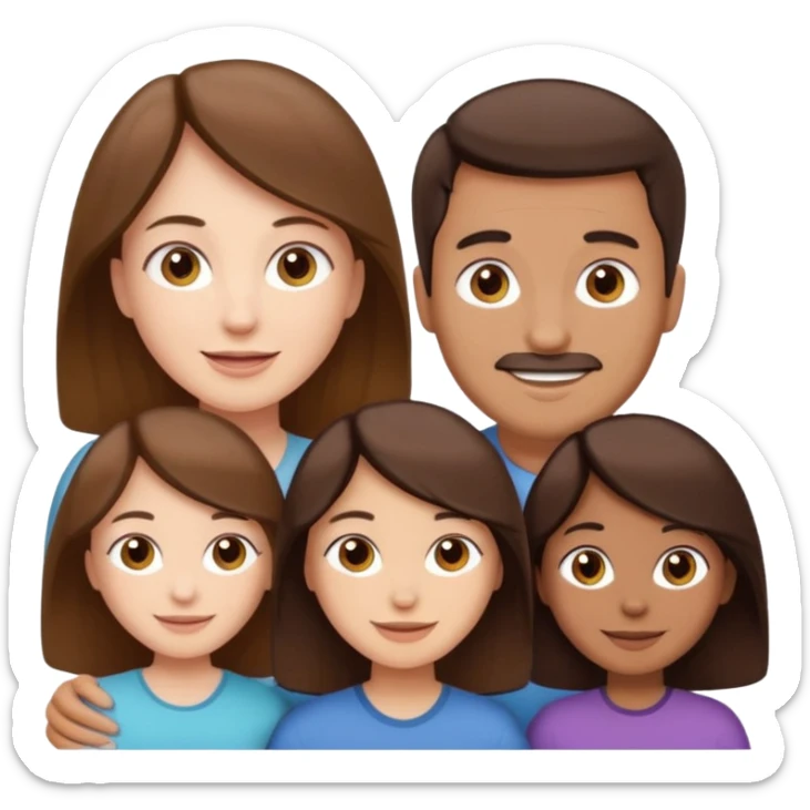 happy pale white  four person family with one brown hair dad, one brown hair mom, one dark brown girl, and one brown hair girl sticker