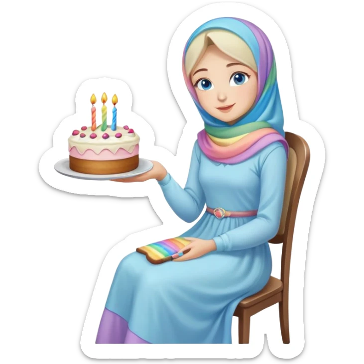 Turkish beautiful finish Konya girl blue eyes with pastel hijab long tail dress and sits on the chair and holds rainbow cake with her hand  sticker