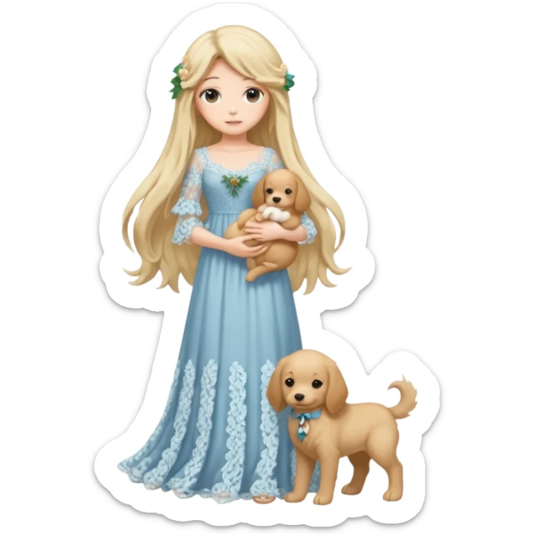 Pastel anime lady long hair with long lace dress full body holding puppy sticker