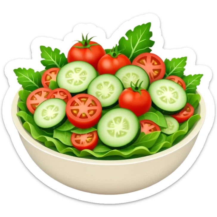 Salads avatar in clean emoji-style illustration. Fresh salad bowl with greens, tomatoes, cucumber, bright green tones, simple shapes, flat design, high contrast, light and healthy. sticker