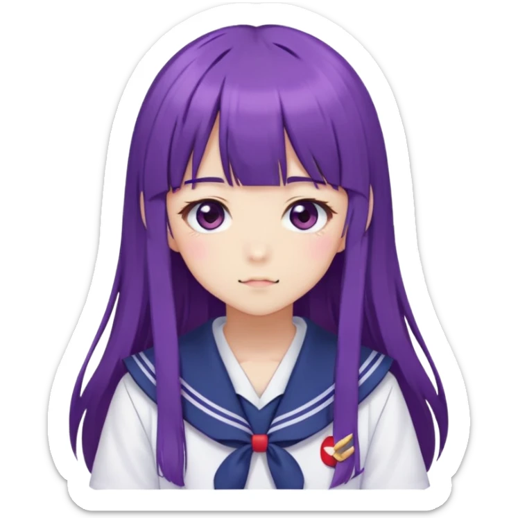 Shy anime girl with purple long hair and bangs wearing Japanese sailor style school uniform, blushing, kawaii style sticker