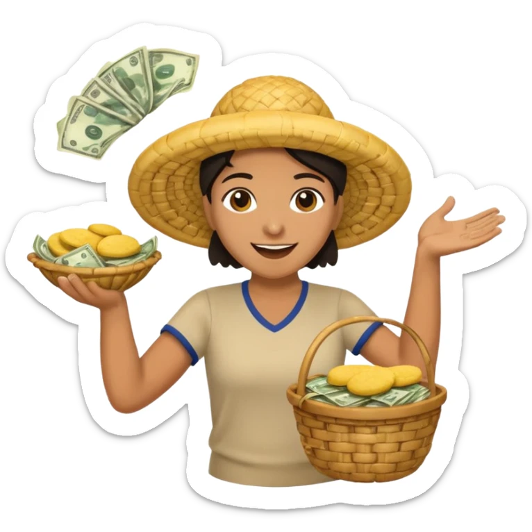 basket overflowing with money, and a very happy person ridiculously throwing money around with one hand and eating a colombian arepa with the other sticker