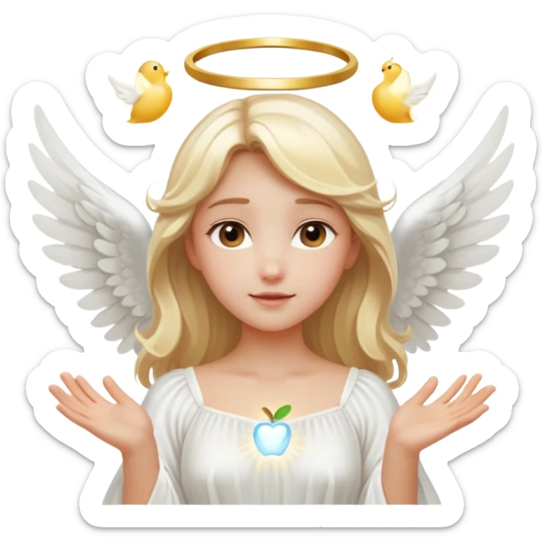 blonde angel girl with glowing white wings, gentle halo above her head, wearing flowing white dress, radiating purity and light, apple emoji style sticker