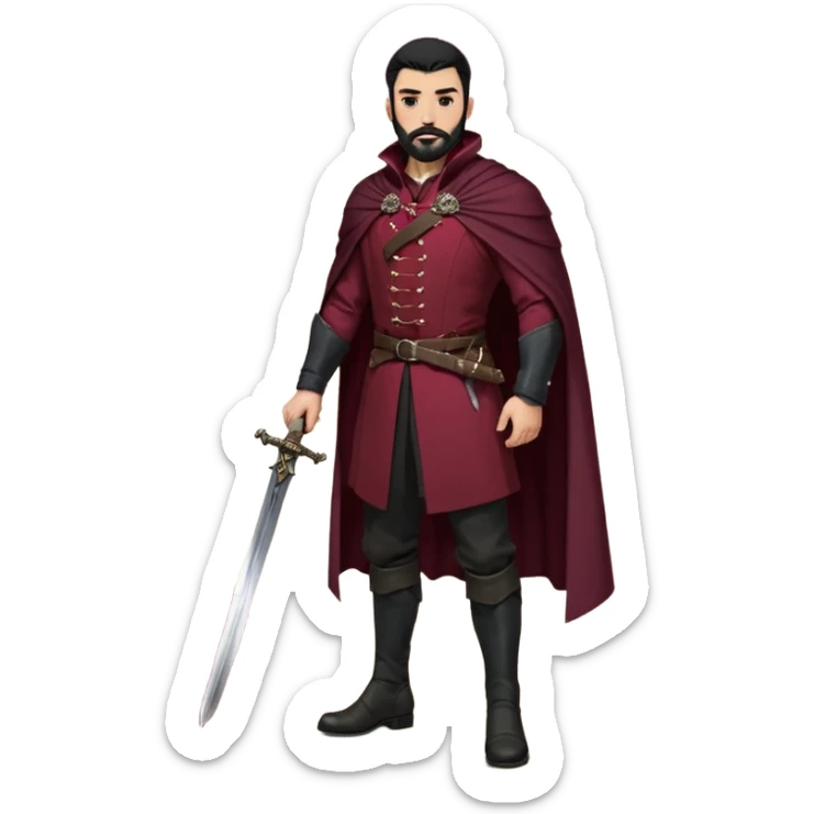 
Hombre de unos 30-40 años, alto, fuerte..
Rostro anguloso, barba bien recortada, cejas marcadas, mirada dura y orgullosa.
Castaño oscuro o negro, peinado hacia atrás.
Ropa de noble — chaqueta ajustada, capa corta, botas altas y espada al cinto. Colores oscuros (rojo vino, negro, granate) sticker