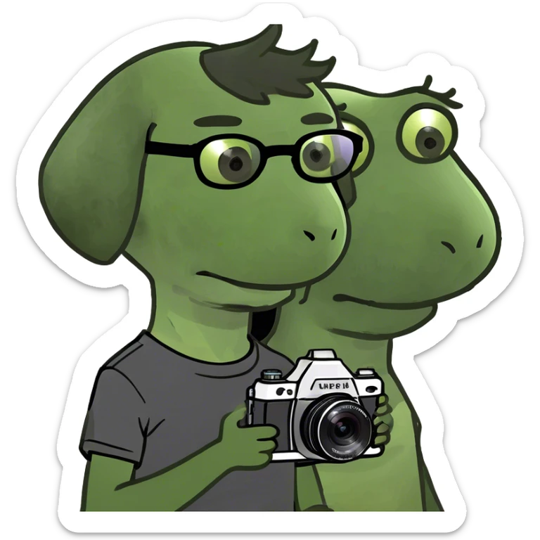 A little boy with straight black medium-length hair, white skin, and black eyes wearing black-framed glasses is taking photos on a UFO with a camera. Beside him, there is an alien and a brown round-headed poodle. sticker