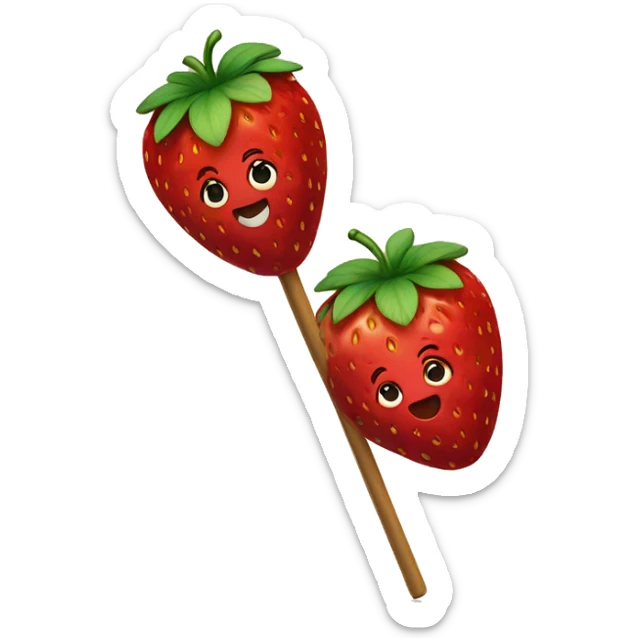 Two strawberries on top of each other on a wooden stick sticker