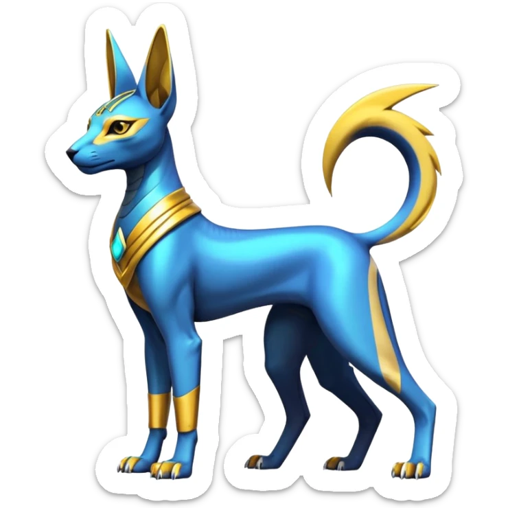 Modern futuristic shiny colorful Anubis-Sphynx-Lombax-Zeraora-Renamon-fusion (full body) sticker