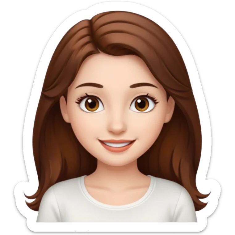 charming girl, white top, long brown hair, prominent eyelashes, pretty sticker