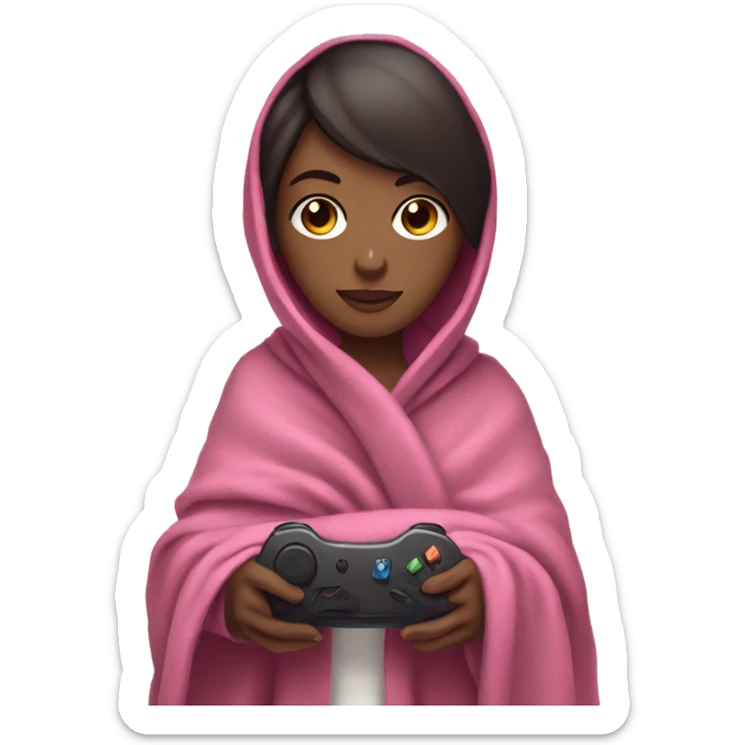 White girl with dark hair wrapped up in a blanket with a pink gaming controller in her hands sticker