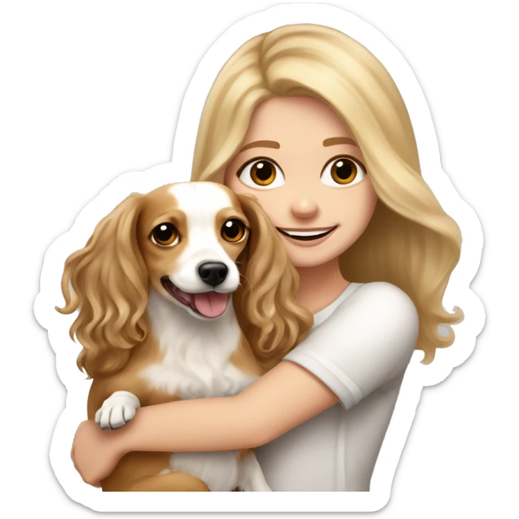 White girl with very long, wavy, blonde hair and brown eyes holding a white and tan chihuahua-dachshund mix happy with floppy furry ears sticker