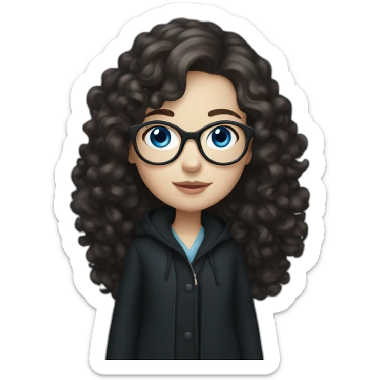 full length girl in a black coat, glasses with big blue eyes and white skin and curly dark browny long hair sticker