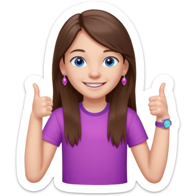 11 year old girl, blue eyes, brown long ish straight hair, smile and two thumbss up with purple STUD earings and a PINK shirt, and that you can see my whole body, and no teeth in my smile and NO watch brcelet thingy sticker