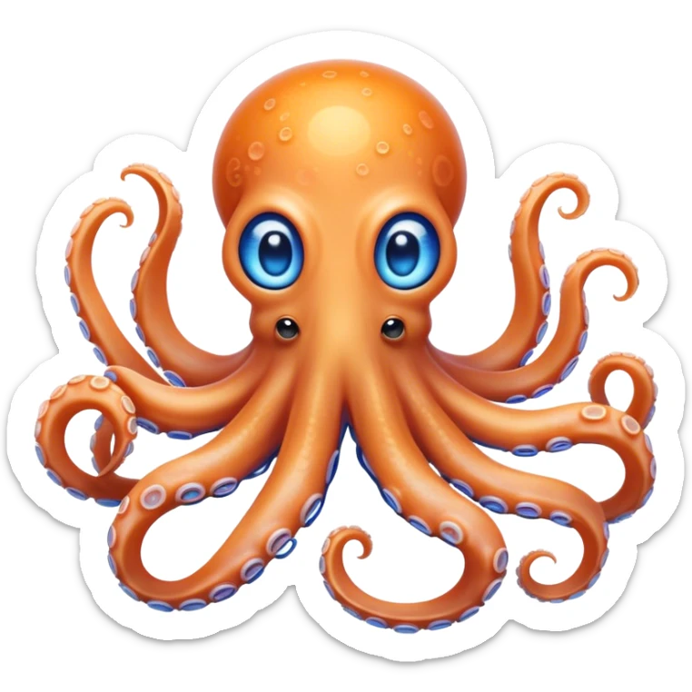 Cinematic Noble Octopus Portrait Emoji, Poised and enchanting, with a light orange body adorned with vibrant blue rings and eight delightfully curling arms with gentle suckers, large sparkling eyes exuding warmth and playfulness, Simplified yet charmingly expressive features, highly detailed, glowing with a soft, magical underwater radiance, high shine, intelligent and irresistibly cute, stylized with an air of whimsical marine enchantment, focused and fluid, soft glowing outline, capturing the essence of a watchful and endearing octopus that appears ready to float out of the screen with delightful charm! sticker