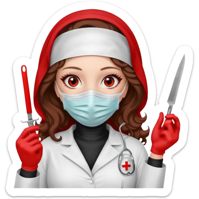 


Scary woman scalpel in hand, evil surgeon sexy surgeon clothes.  She has redcolored  eyes. Her  hair only is free ne brown long curly hair. Wears sexy doctor outfit with red gloves. make her wear full Muslim burka to mask and nose mouth mask  to hide. Wears white surgeon coat, wears  stilettos sticker