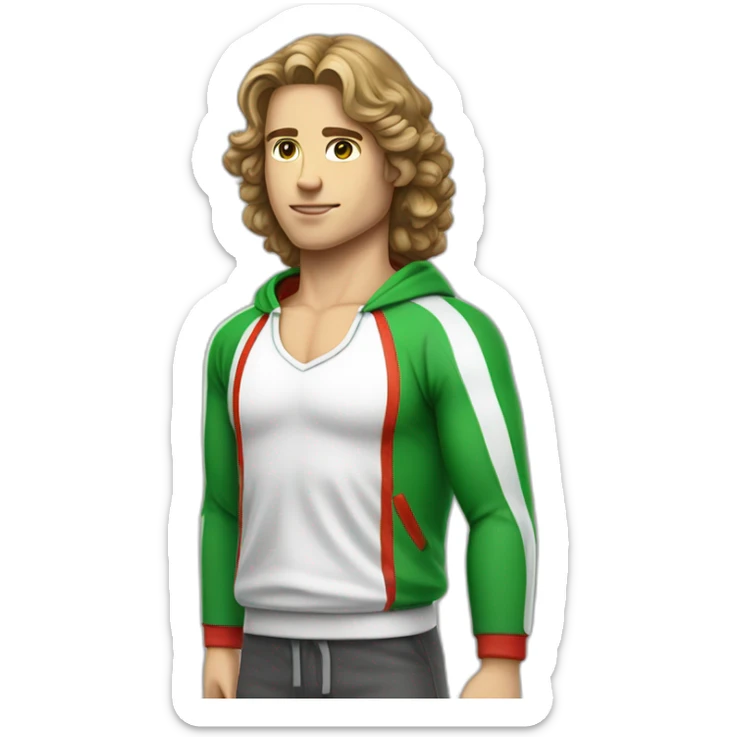 retro 70s red and green gym clothes for a modern white brunette uni male student with glass sticker