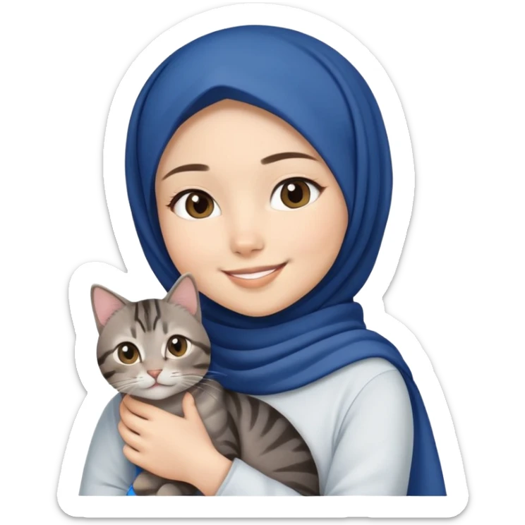 Asian white Girl wearing dark blue hijab with white shirt smiling while holding a black brown grey tabby cat sticker