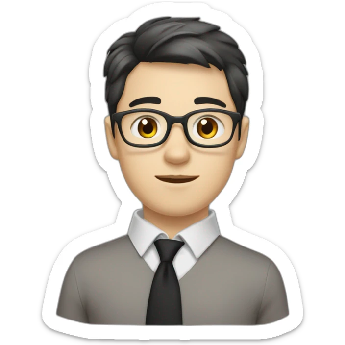 White boy wearing glasses with black hair with brown eyes with black shirt with rolled up sleeves and red tie sticker