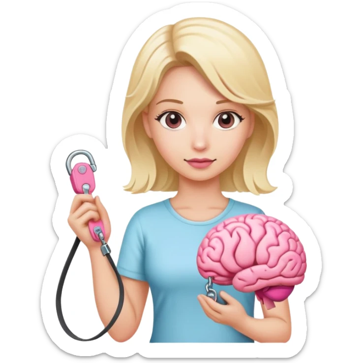 Blond woman holding a leash with a Pink brain on the end of it sticker