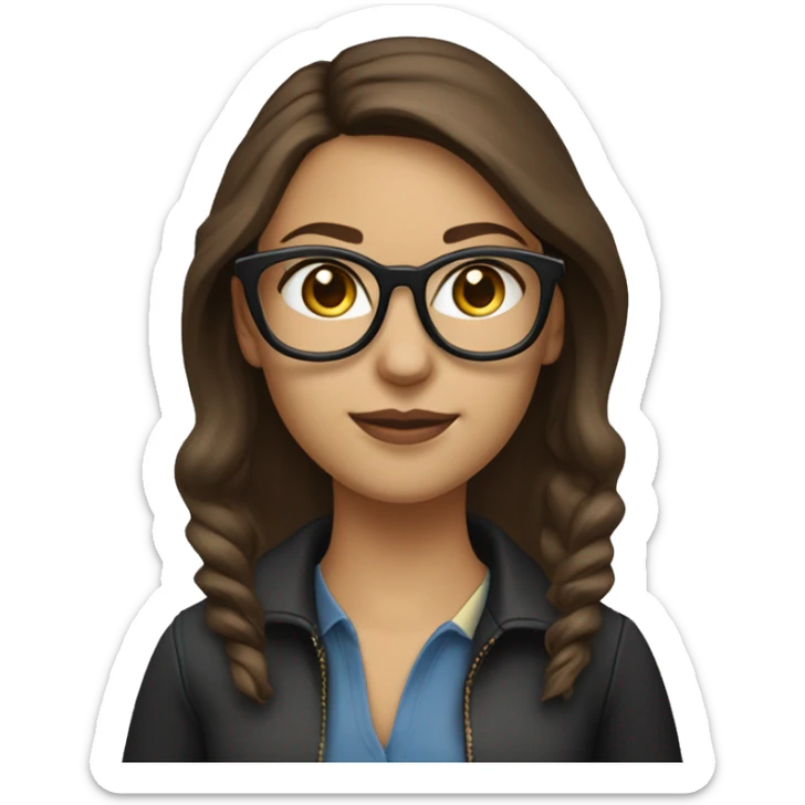 character with lightly tanned fair skin,  She is wearing wayfarer-style glasses with a black upper frame and has small gold hoop earrings. The character is a female IT developer brown hair,blue eyes. Her dark brown hair working with a MacBook
 sticker