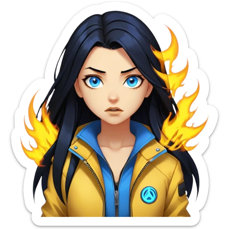 Long Black hair cyberpunk 2077 chibi girl with blazing blue eyes and yellow jacket from the animation show cyberpunk edge runners. All emotion reactions sticker